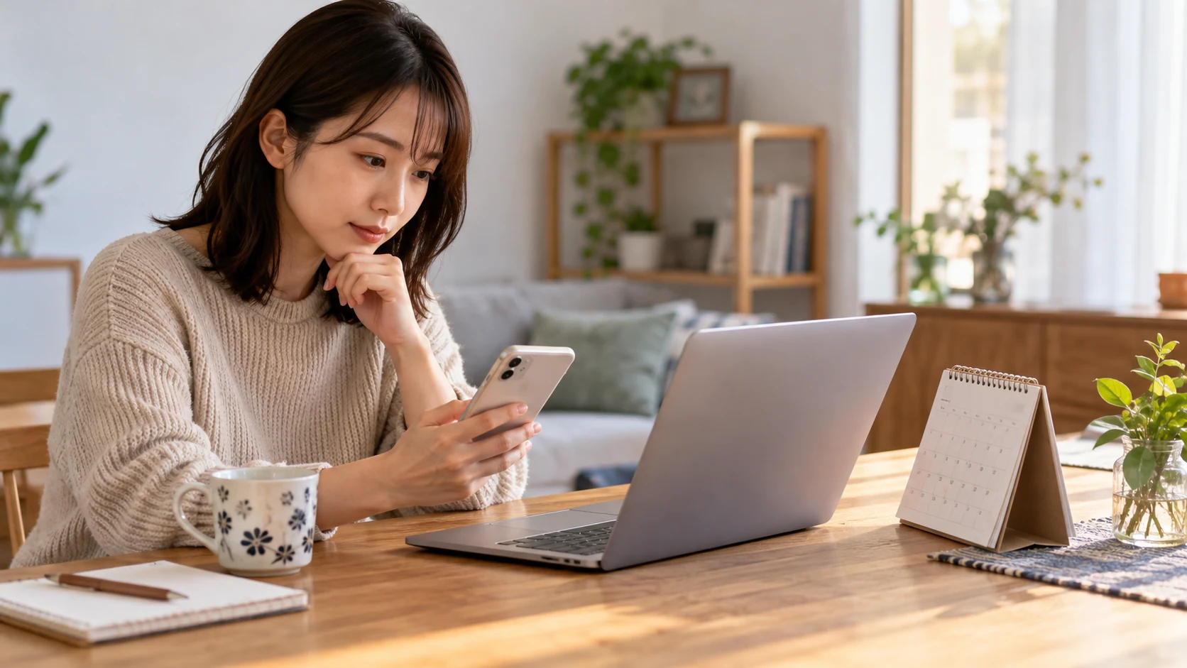 パソコンとスマートフォンを見ながら年間プランの更新条件を確認する人