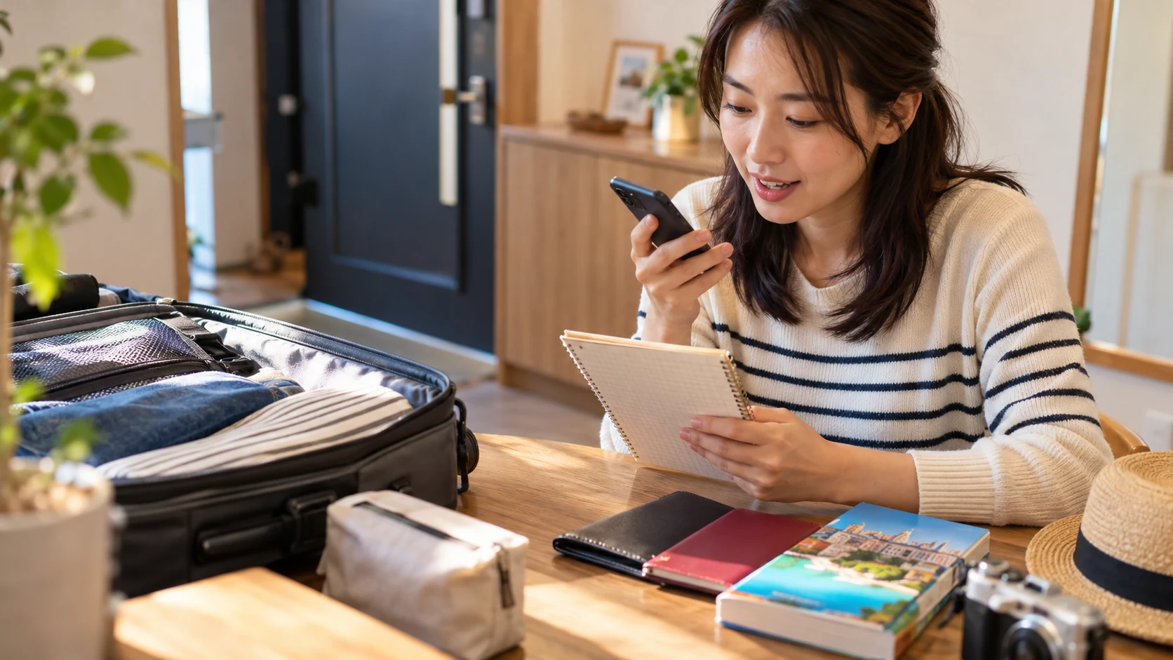 旅行の荷造りをしながらスマートフォンとノートで英会話の練習内容を確認する女性