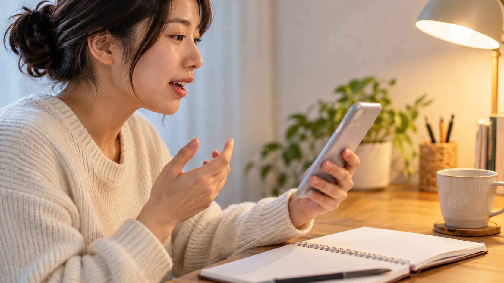 英語の一文を言い直す練習をする手元