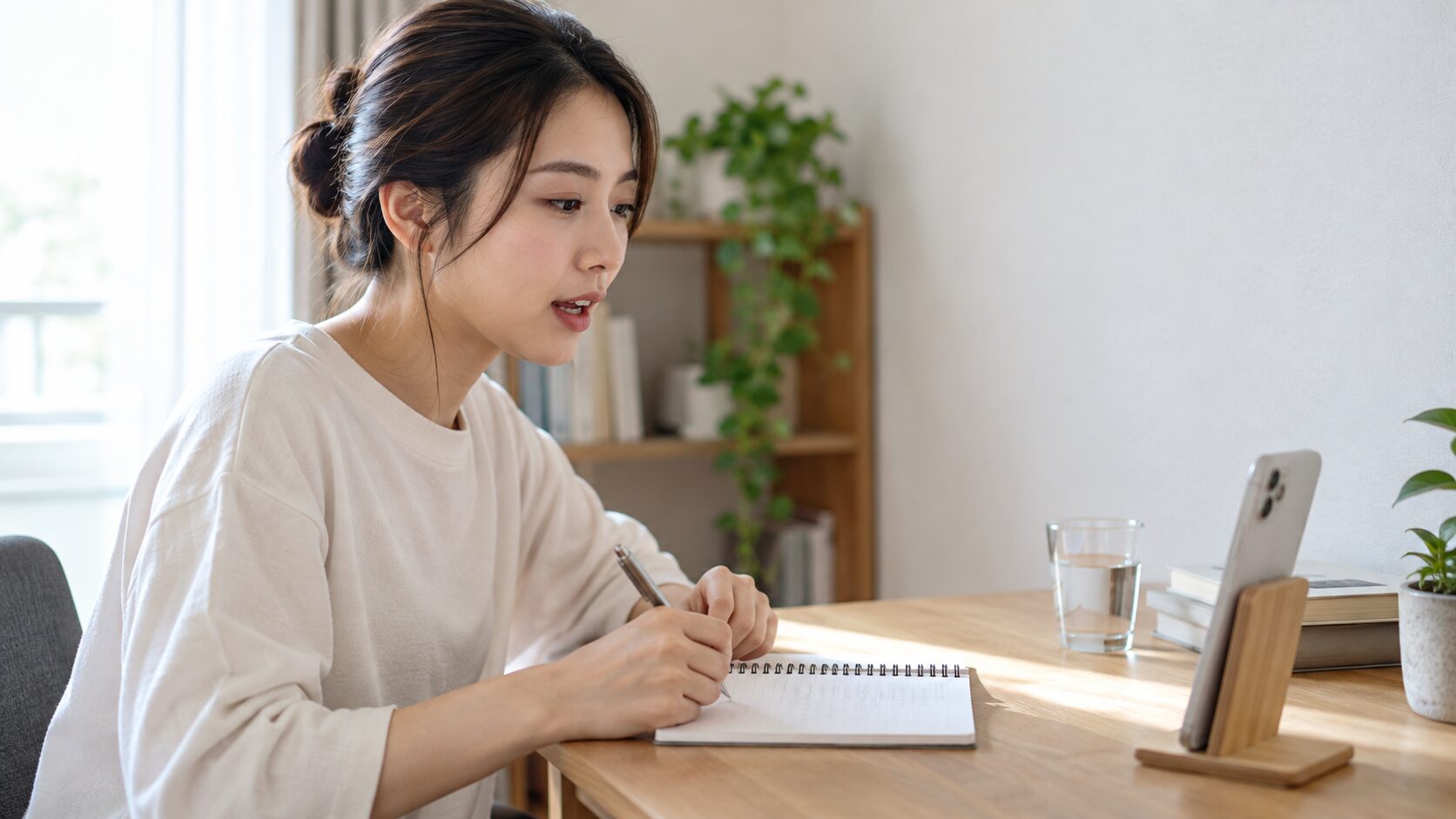 スマートフォンを使って短い英語を声に出して練習する人