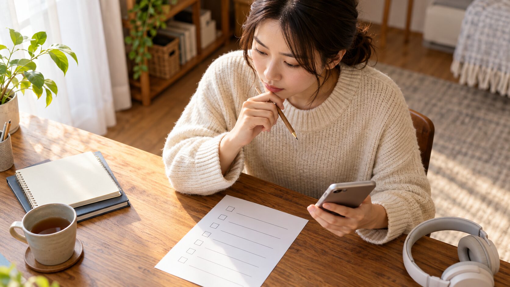 英語学習のチェックリストとスマートフォンを見比べる人