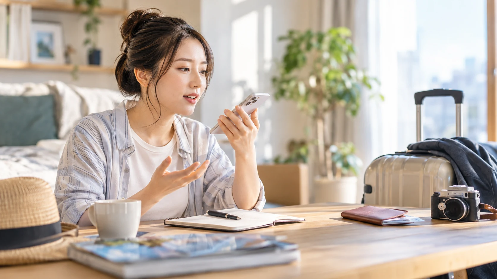 旅行前にスマートフォンへ話しかけながら英会話を練習する女性とスーツケース