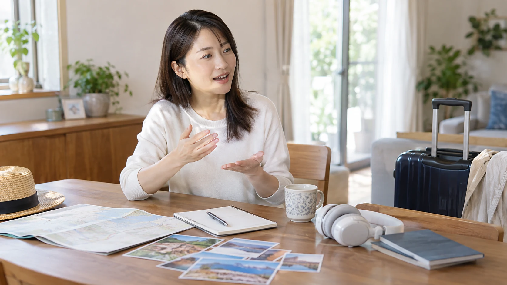 地図とスーツケースのそばで旅行前の英会話を練習する女性