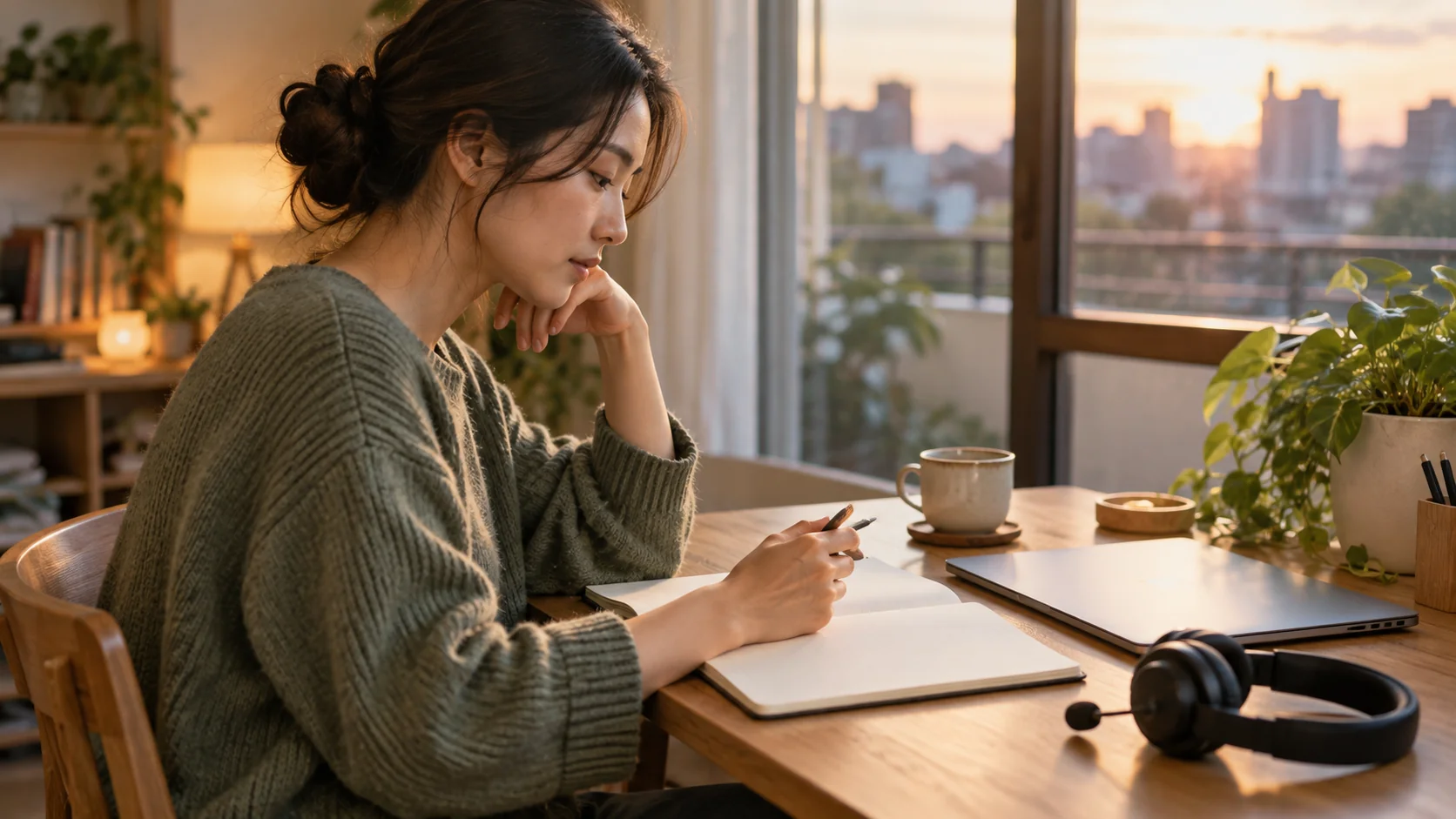 ノートを見返してオンライン英会話の学習を振り返る女性