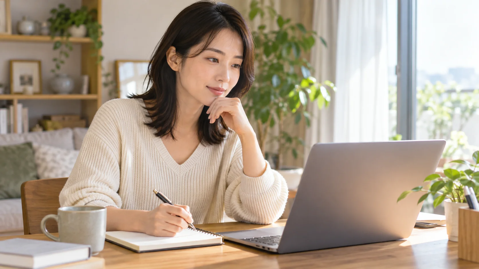 自宅の机でオンライン英会話の手続きを検討する女性