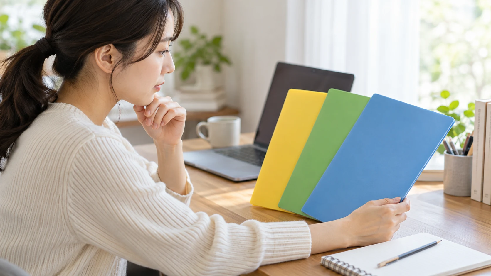 色分けした学習用ファイルを見比べて英語コースを選ぶ女性