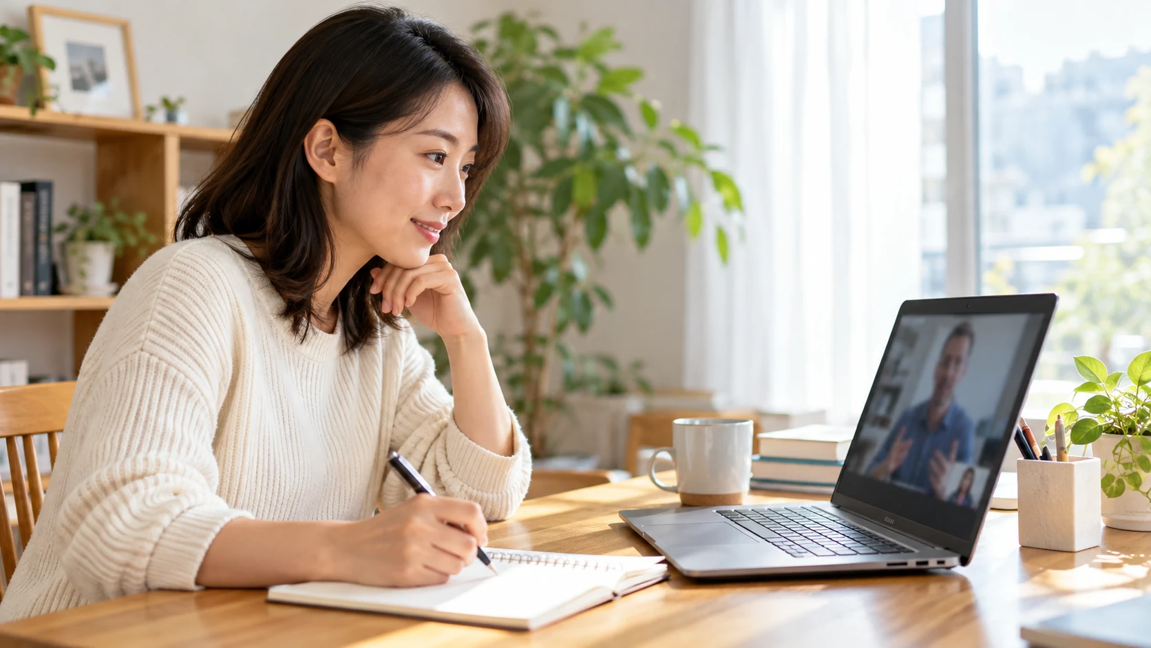 ノートに学習計画を書きながらオンライン英会話を受ける女性