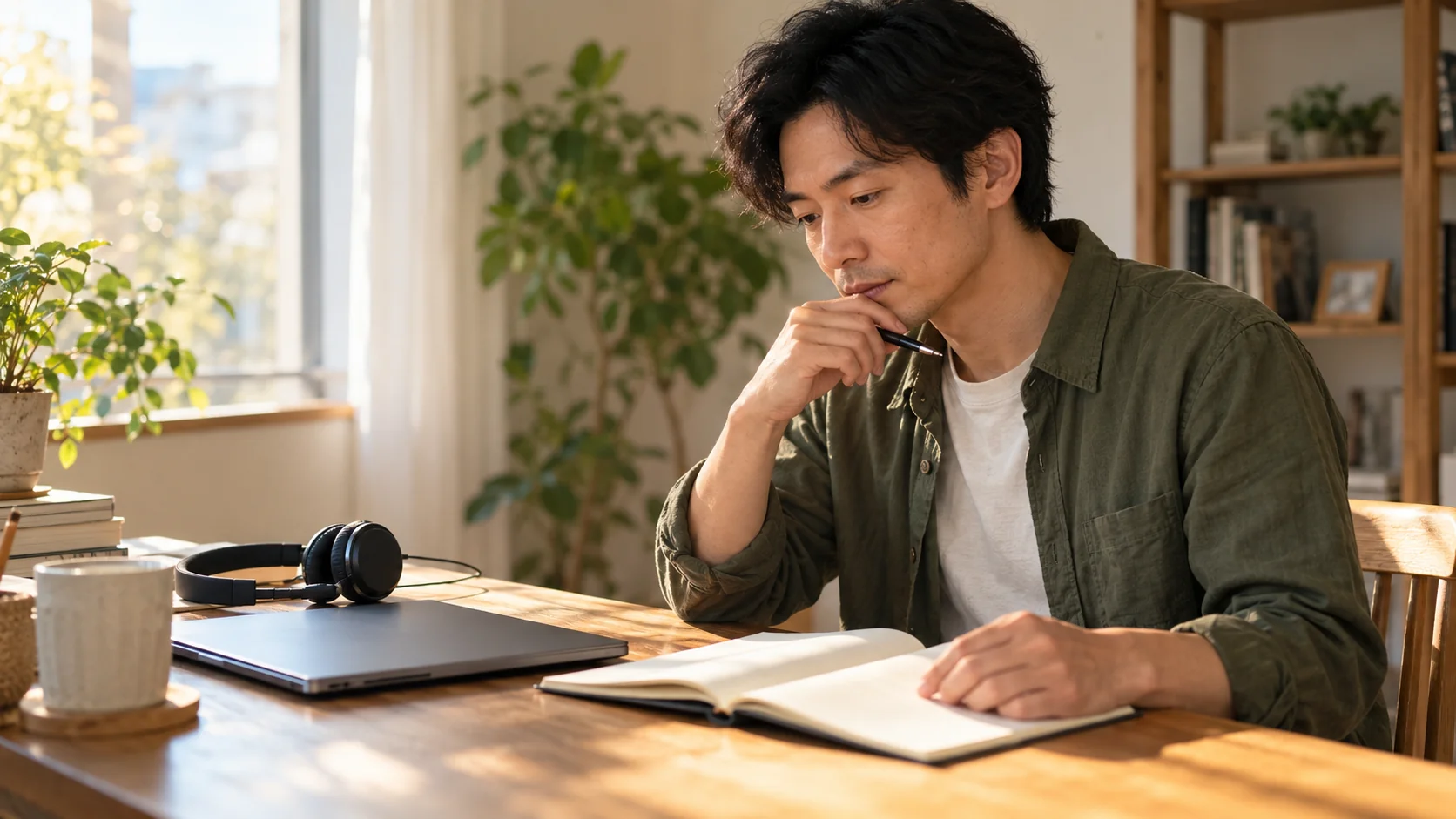 レッスン後にノートを開き講師との相性を振り返る男性