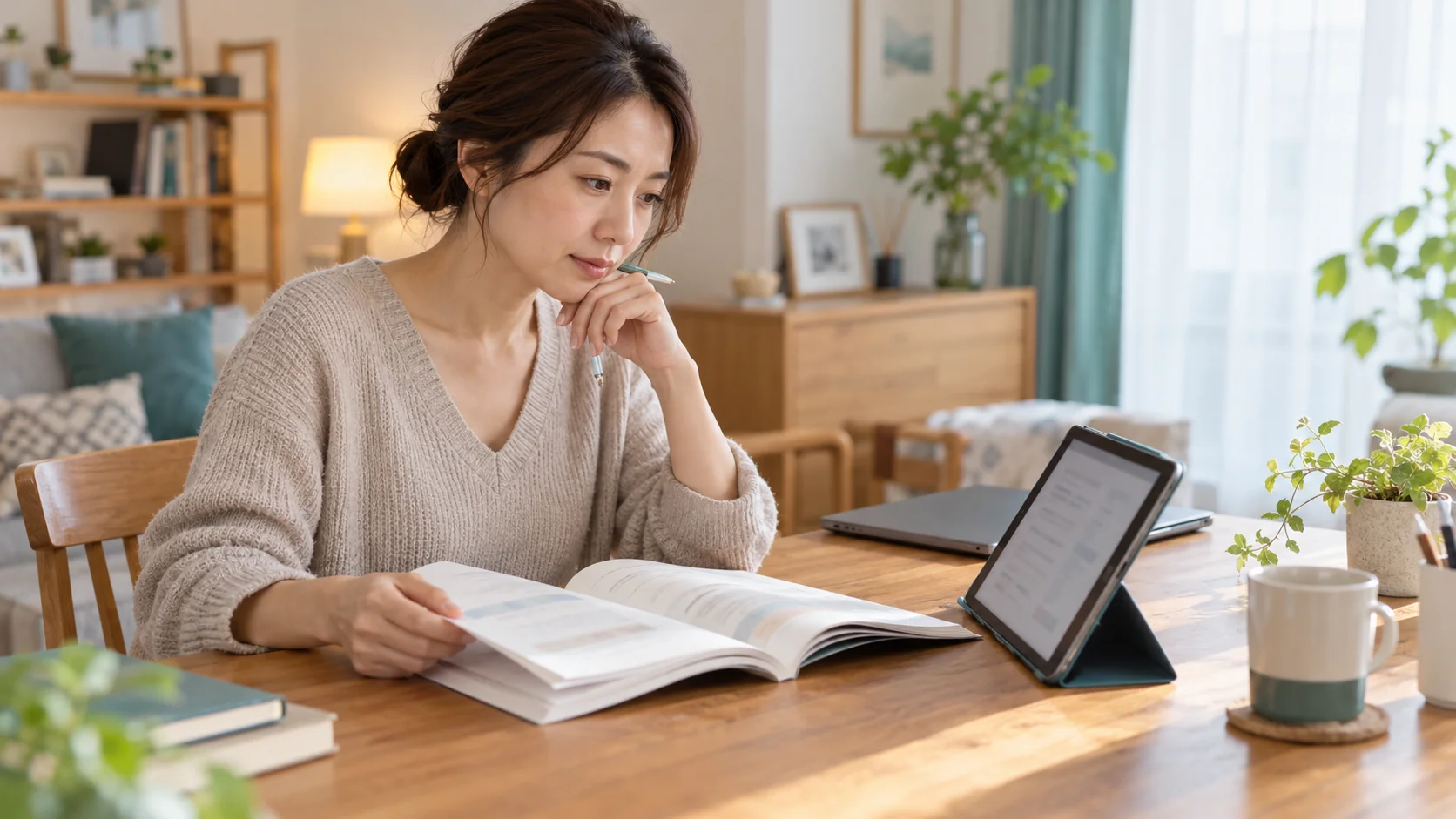 本とタブレットを見比べながら英語の教材を確認する女性