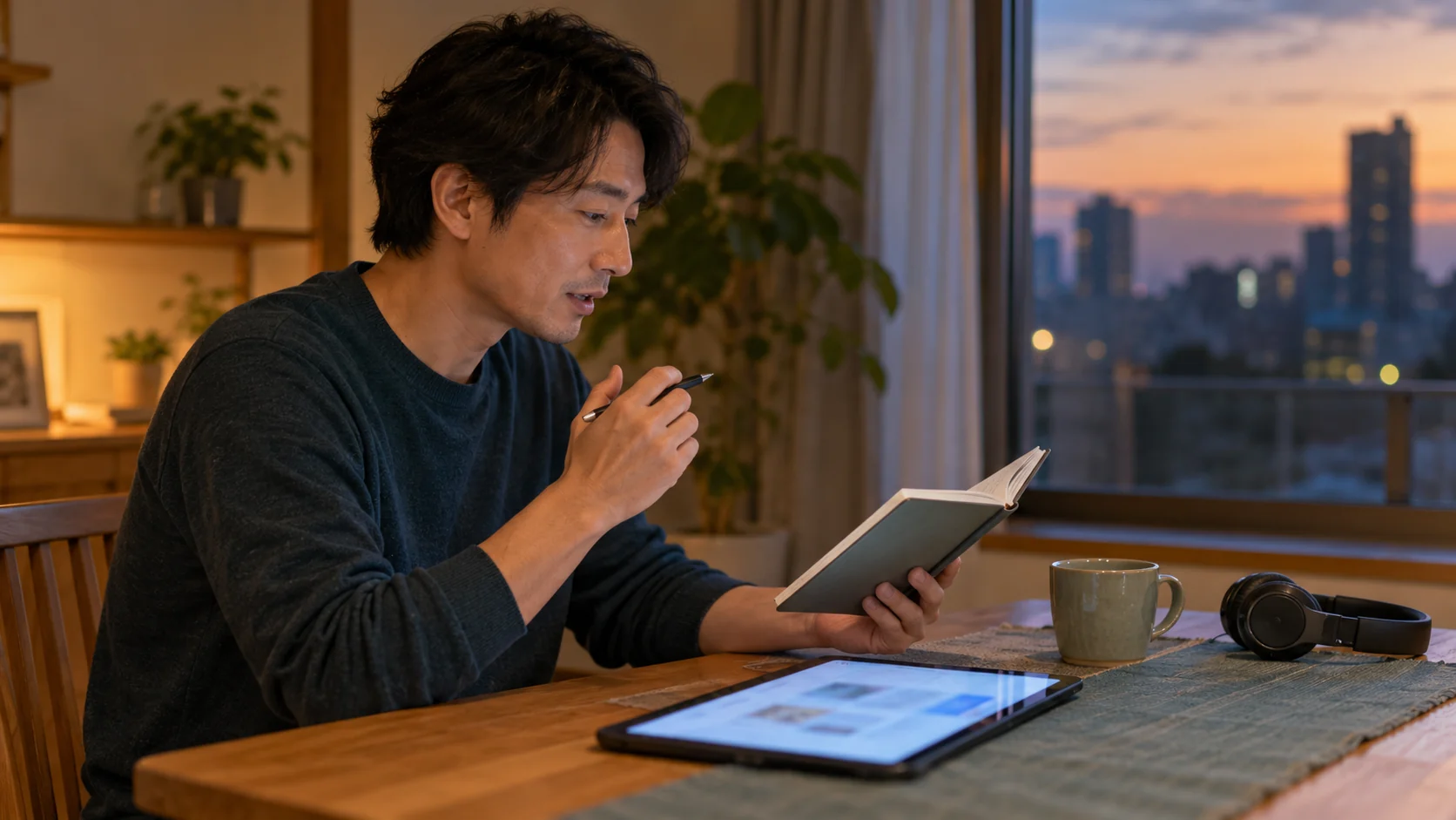 レッスン後にノートを見ながら英語の表現を声に出して振り返る男性