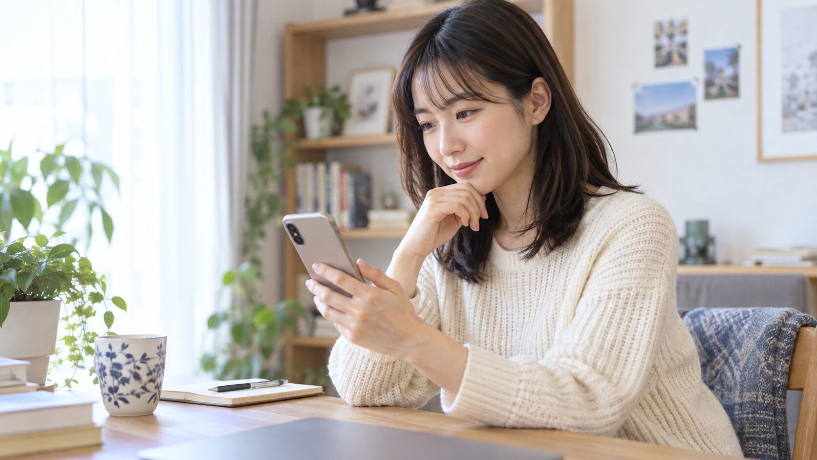 スマートフォンで中国語コースの利用条件を確認する人