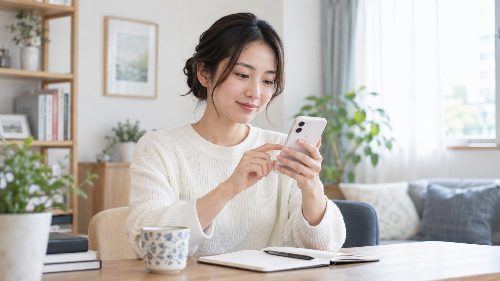 スマートフォンで無料体験の利用条件を確認する人