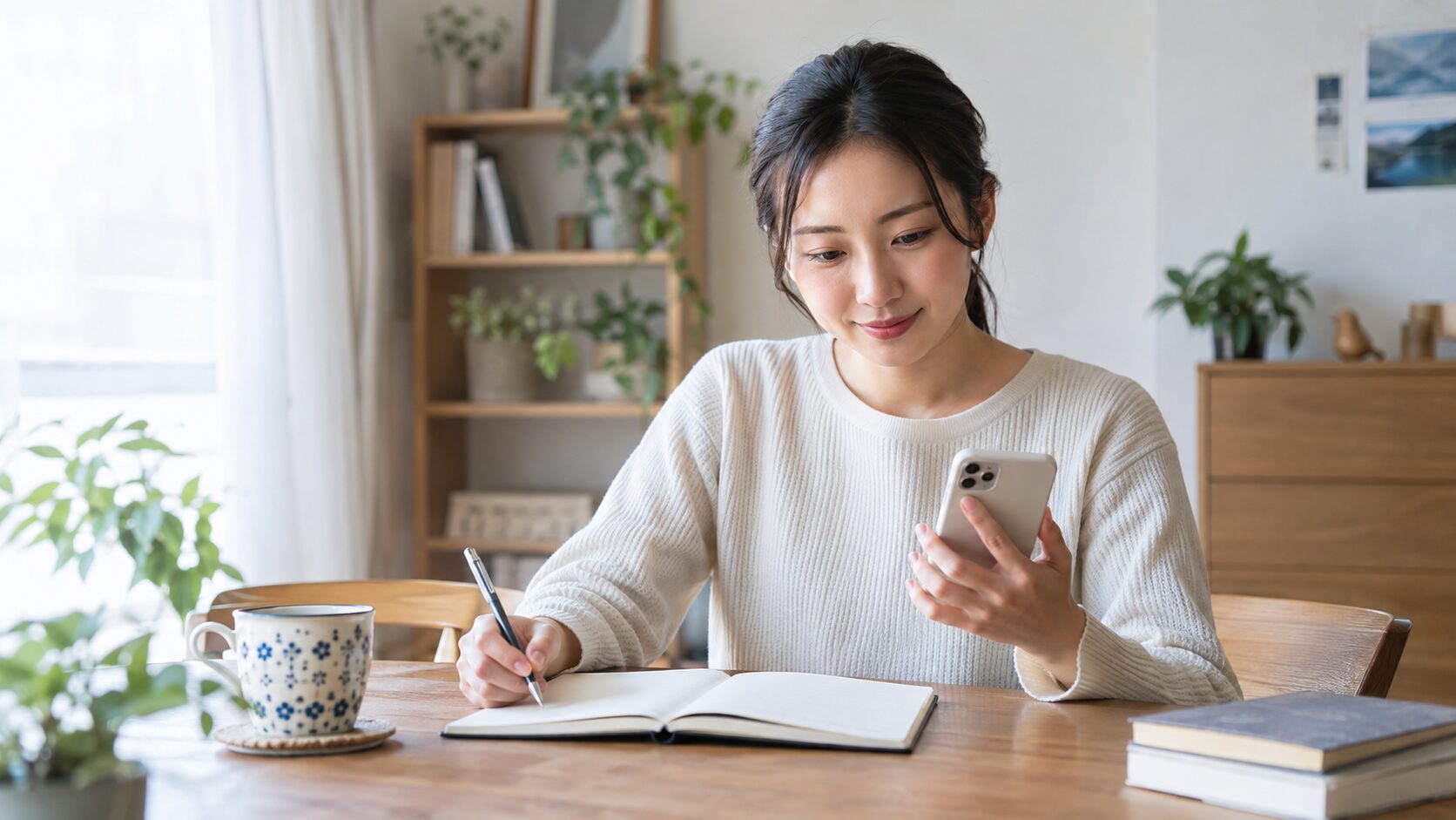 スマートフォンを見ながら学習メモを取る人