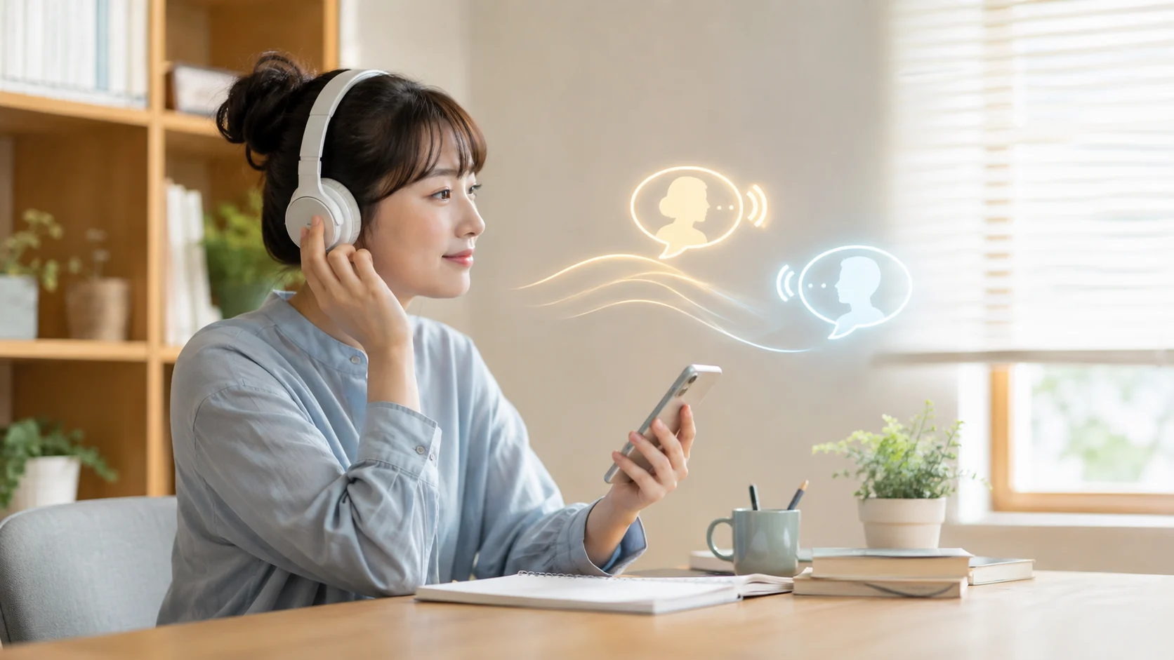 ヘッドホンとスマートフォンで英会話の会話練習をする人