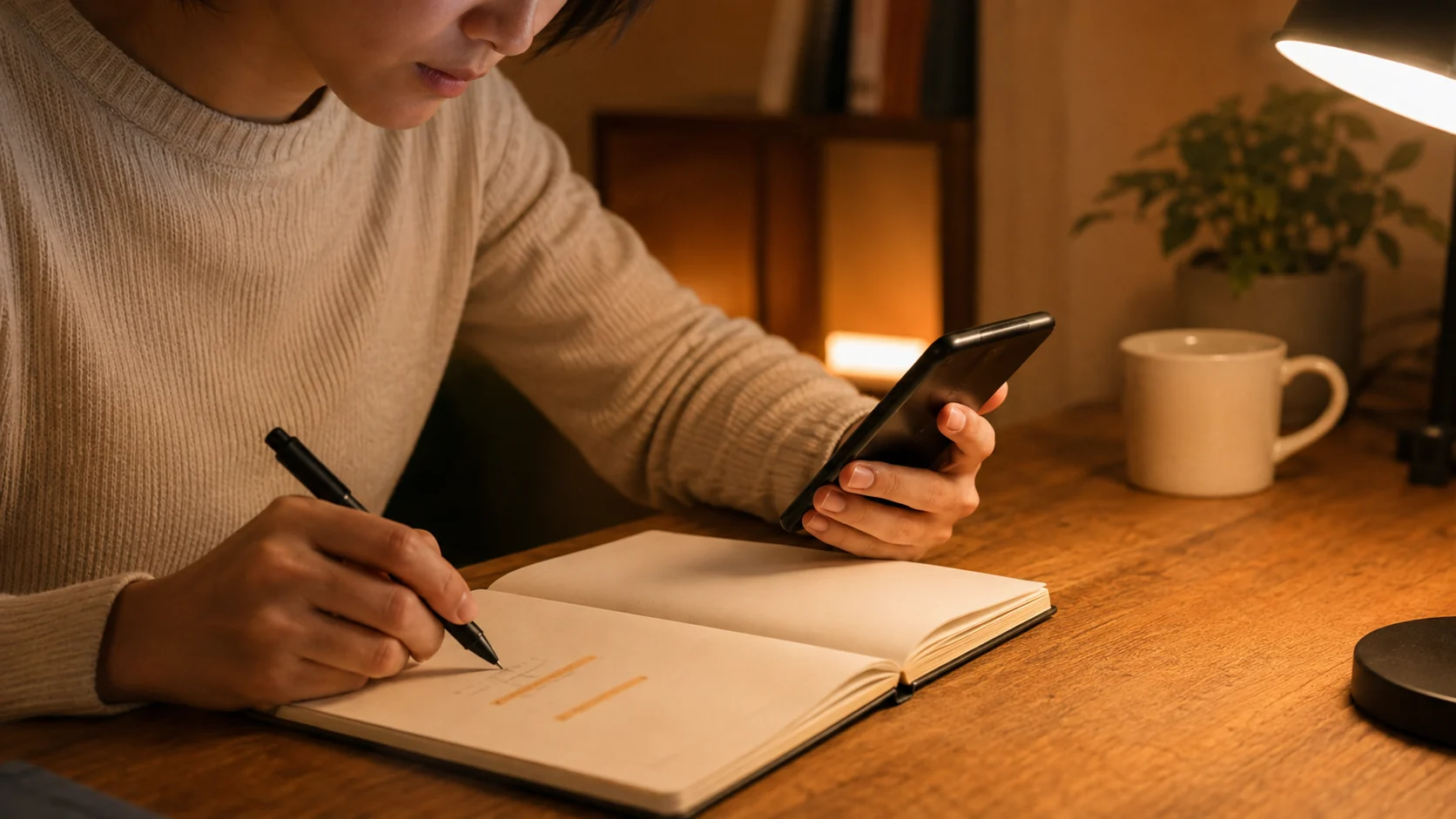 スマートフォンの会話練習後にノートへ復習内容を書く手元