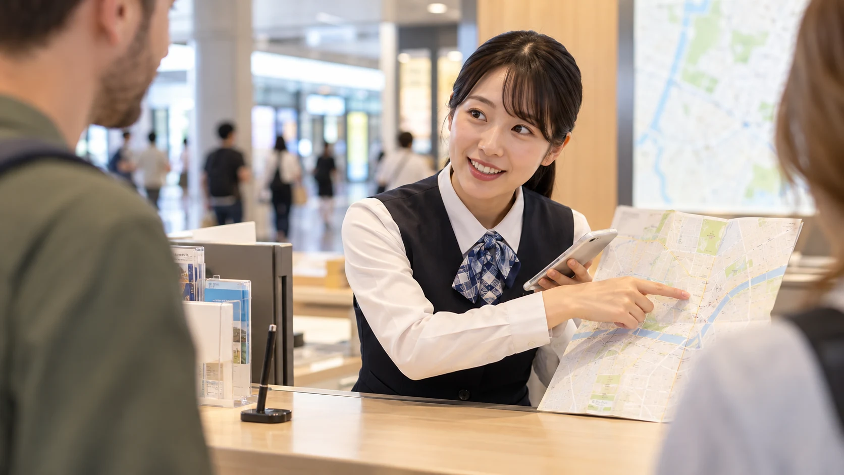 案内カウンターで地図を示しながら海外からの来訪者に道順を説明するスタッフ