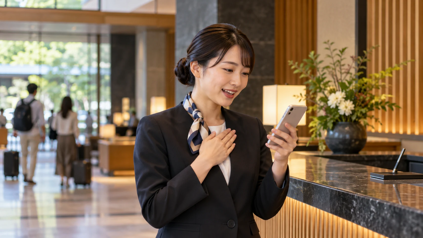 ホテルの受付でスマートフォンを見ながら訪日客対応の英会話を練習するスタッフ
