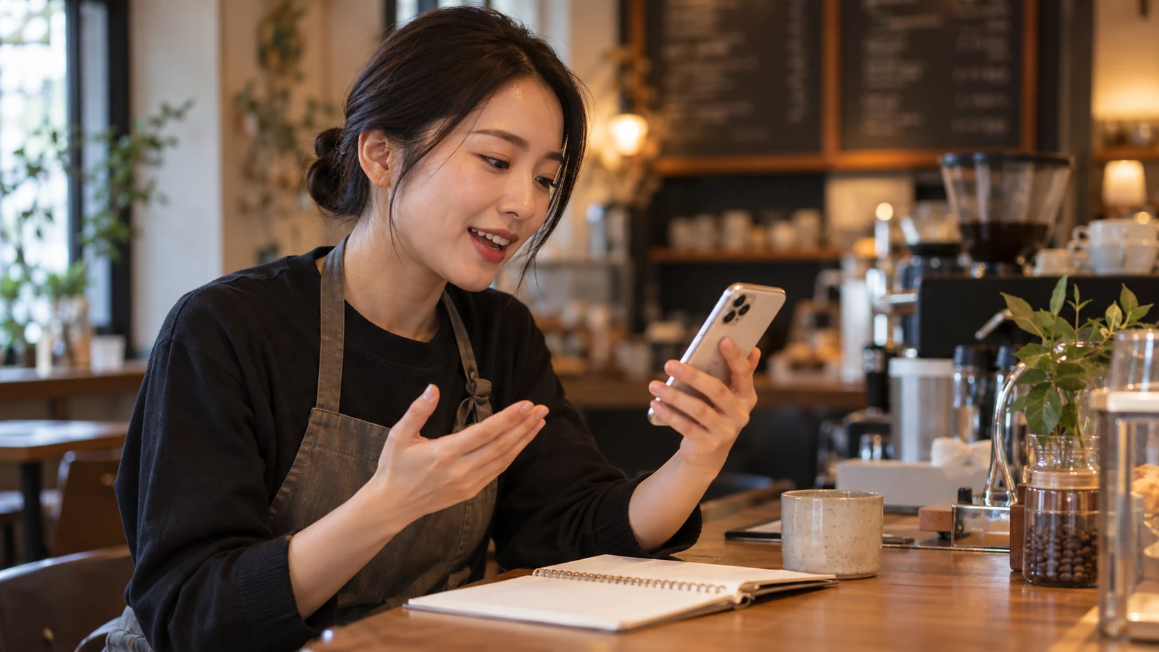 カフェでスマートフォンに向かい接客英語を練習するスタッフ