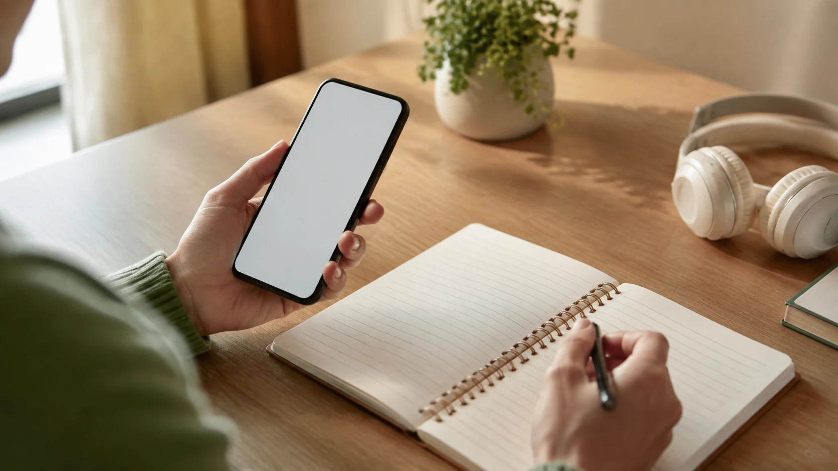 スマートフォンで英会話レッスンを終え、ノートに復習内容を書く様子