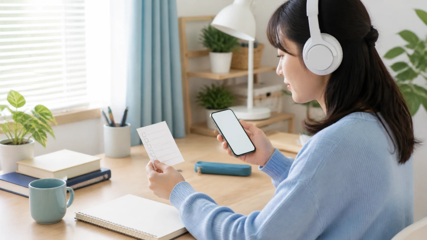 ヘッドホンとスマートフォンを使い、短い英語学習の習慣を確認する様子