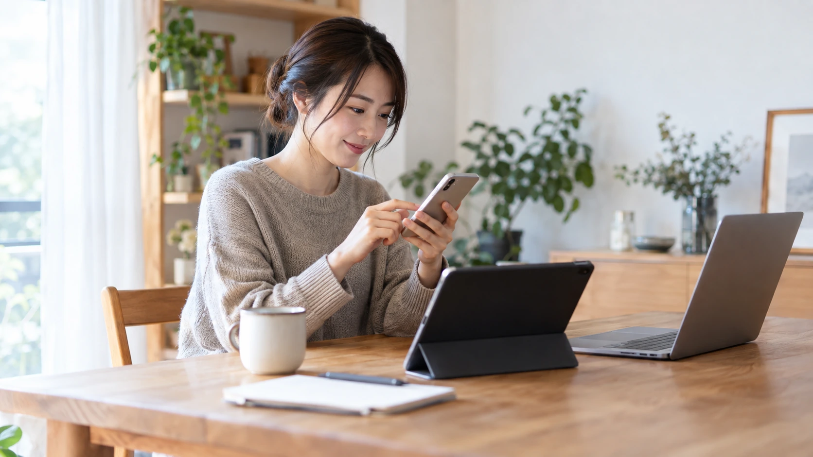 スマートフォンとタブレットを使って学習環境を確認する人