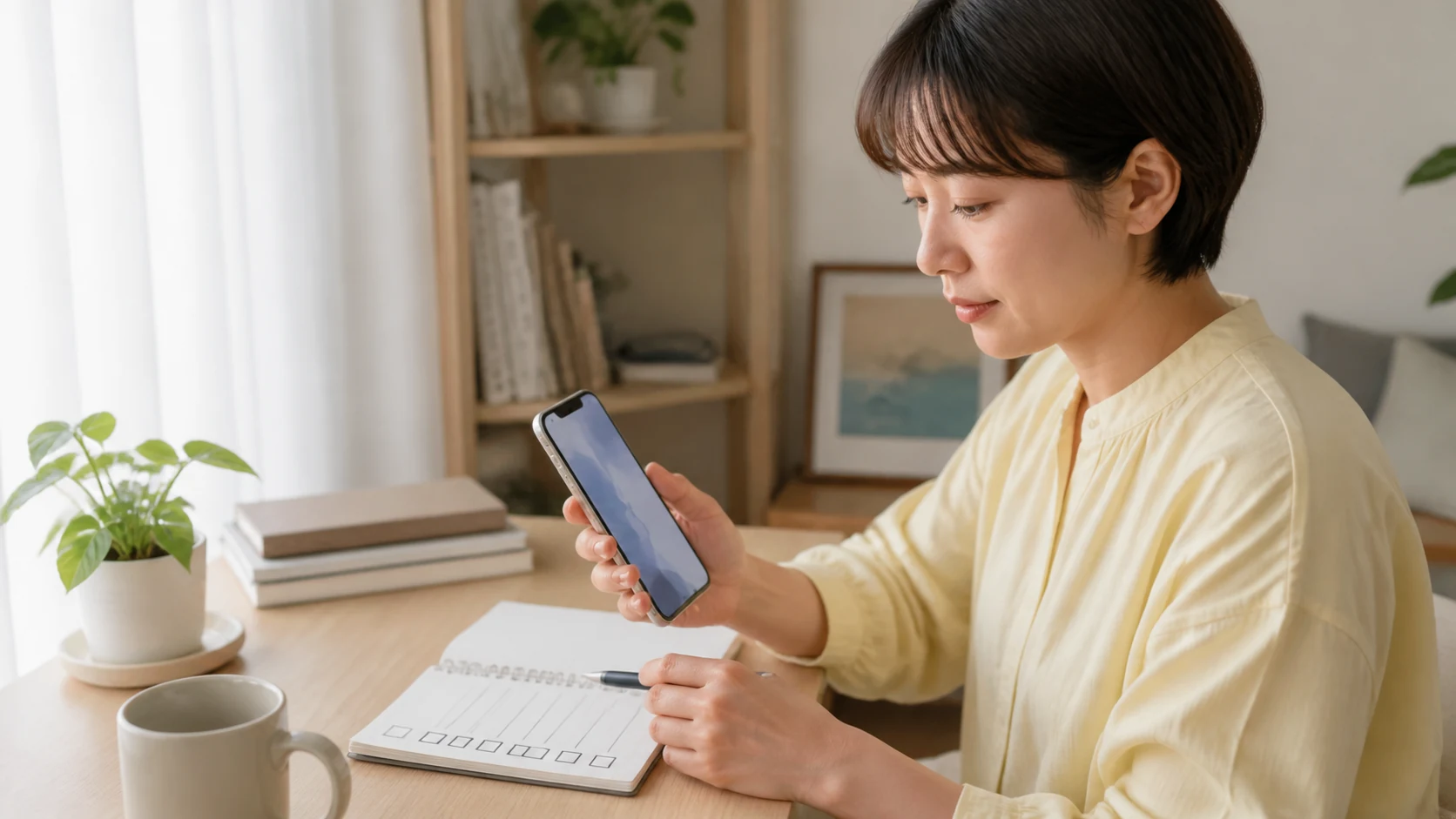 契約前にスマートフォンとチェックリストで支払い条件を確認する様子