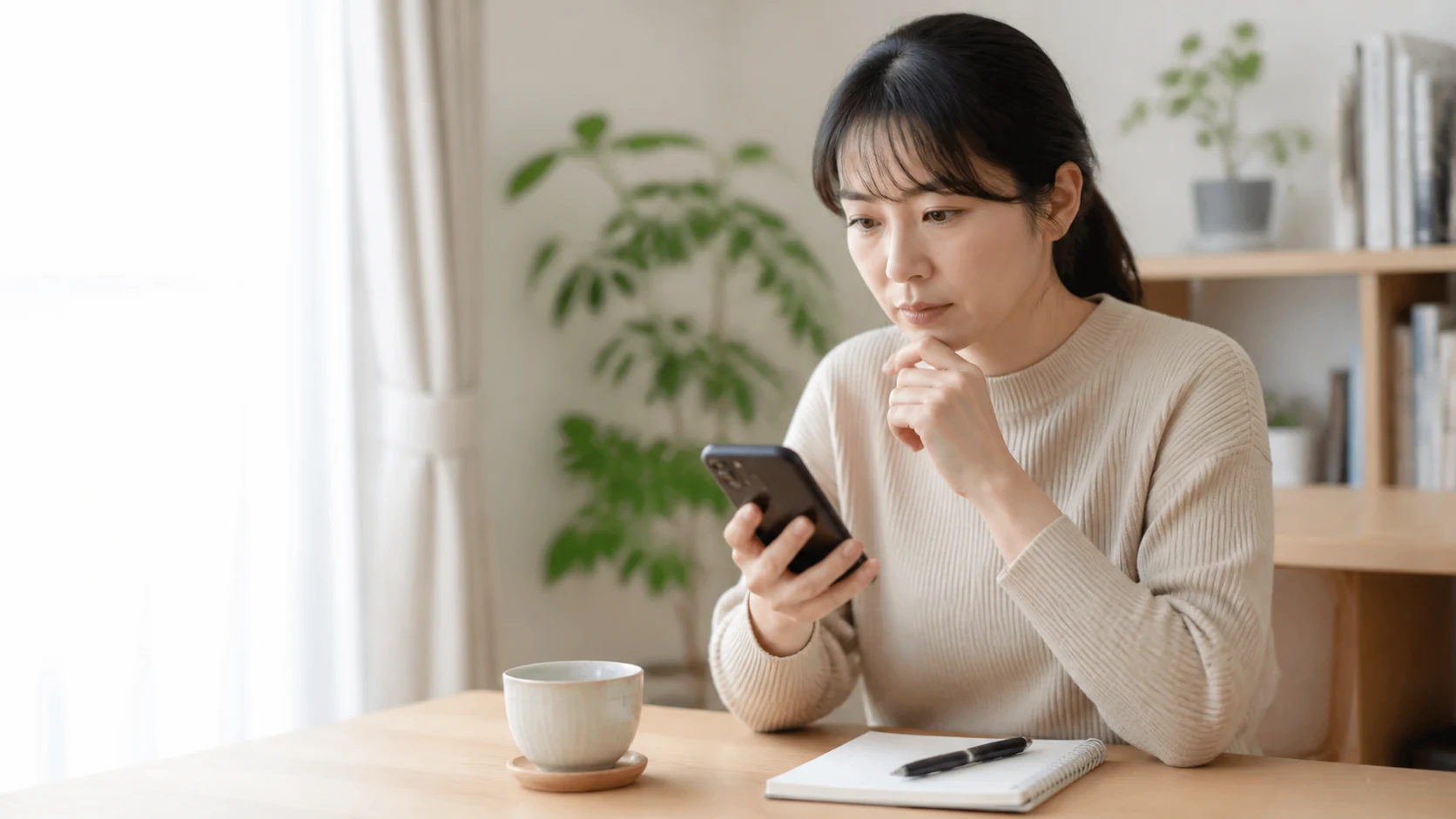 スマートフォンでAI英会話の料金プランを比較する机上の様子