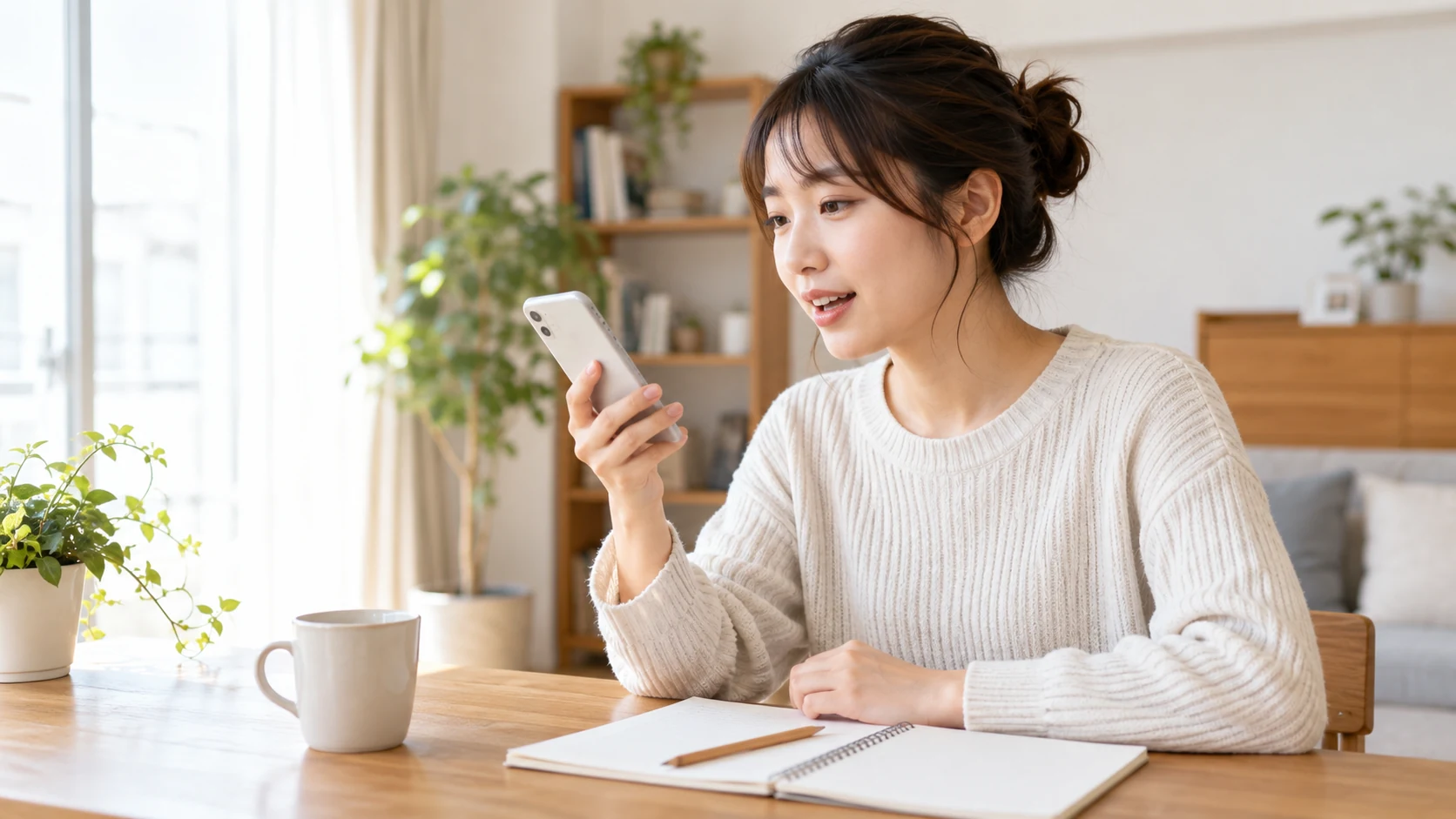スマートフォンで英語の発音を練習する女性
