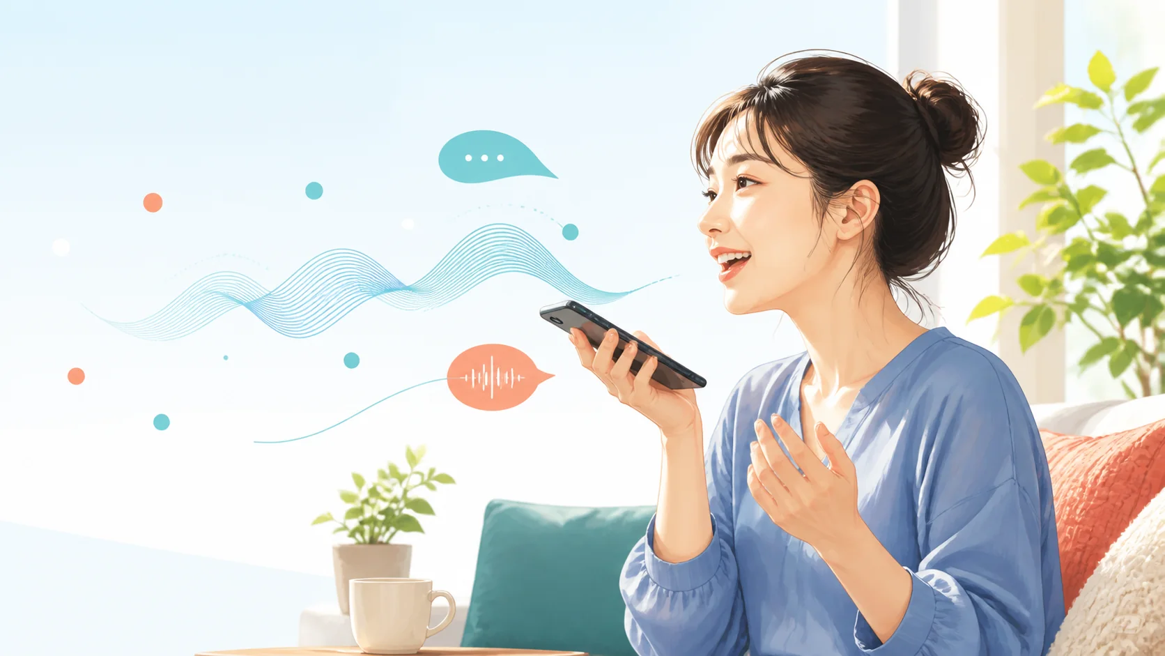 スマートフォンでAI英会話を練習する女性
