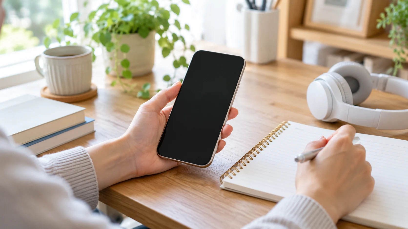スマートフォンとノート、ヘッドホンを机に置いて英語学習の条件を確認する様子
