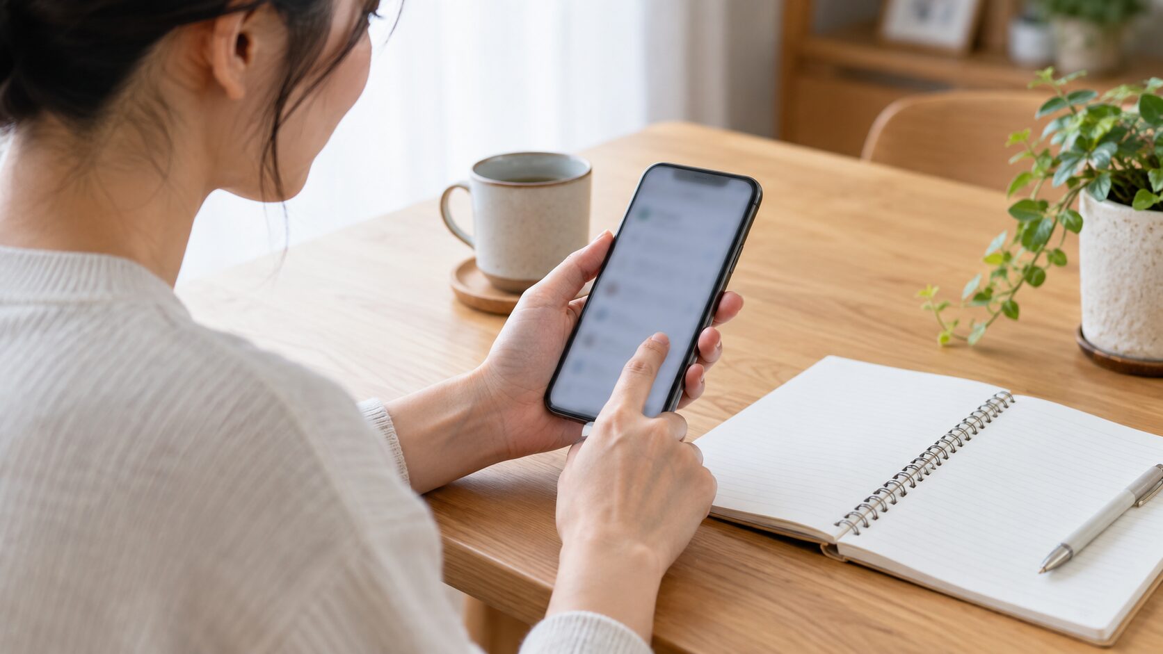 スマートフォンの設定を確認しながらノートを開く人