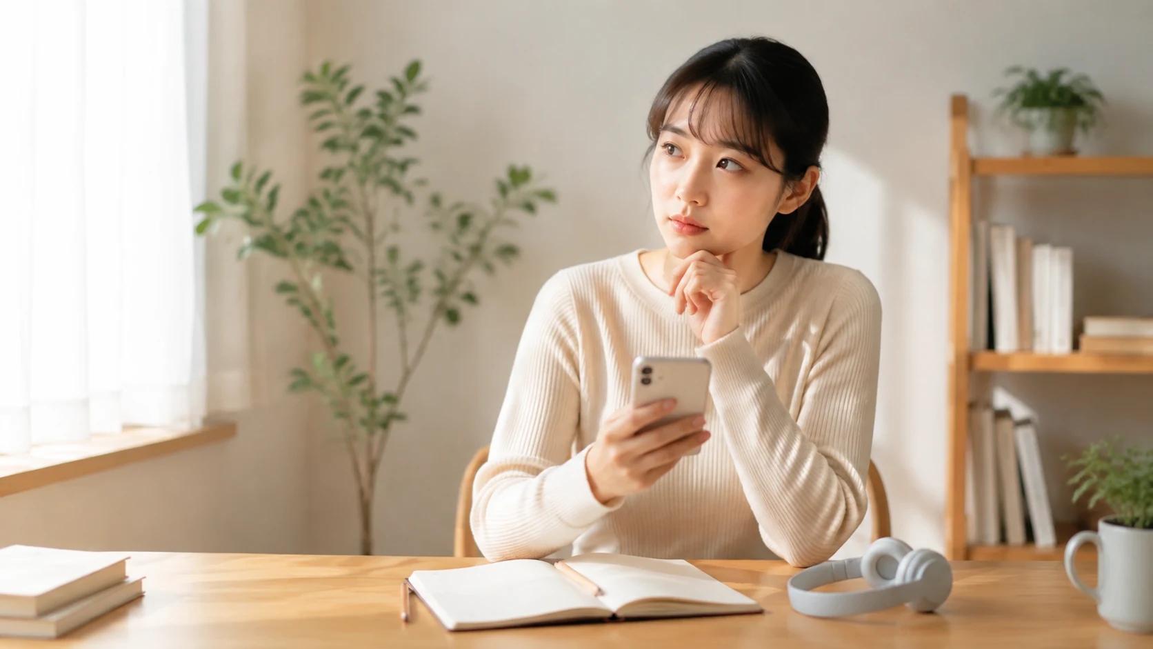 スマートフォンとノートを前に英語学習アプリを比べる学習者