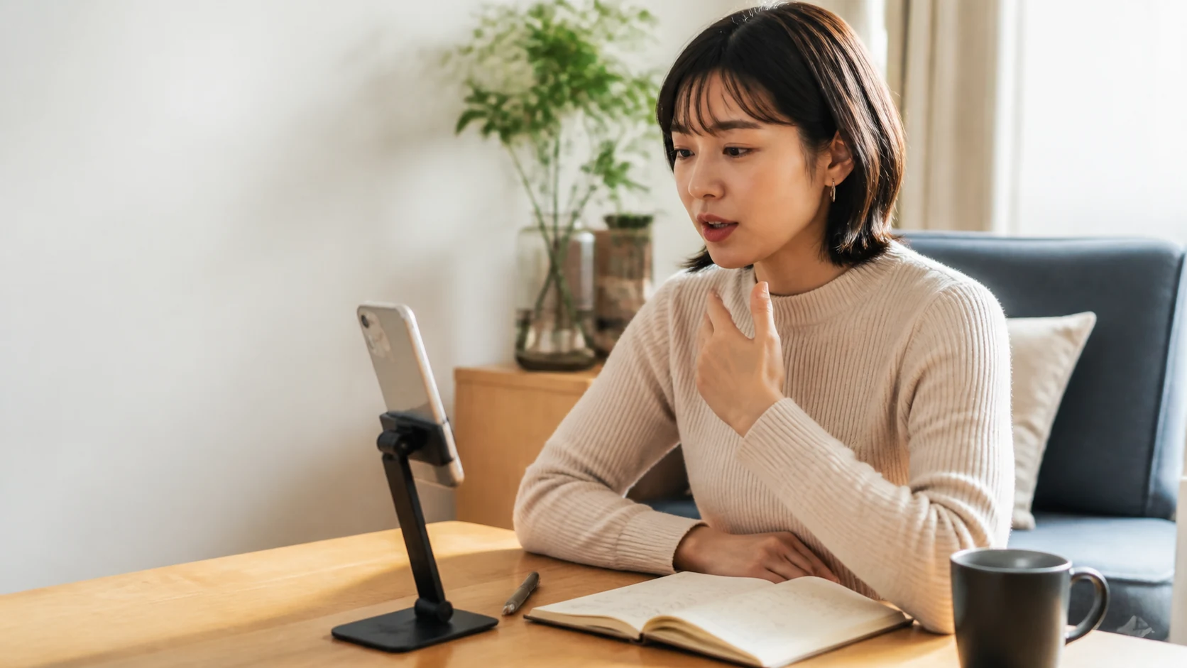 スマートフォンに短い英語を話しかけて練習する学習者
