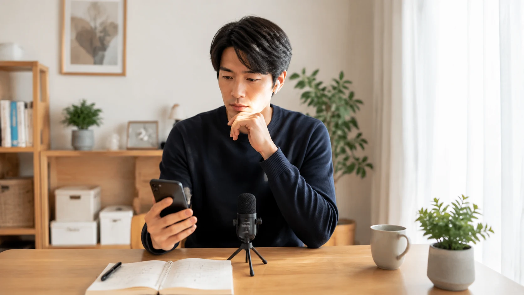 スマートフォンと発音練習ノートを前にAI英会話アプリを比較する学習者