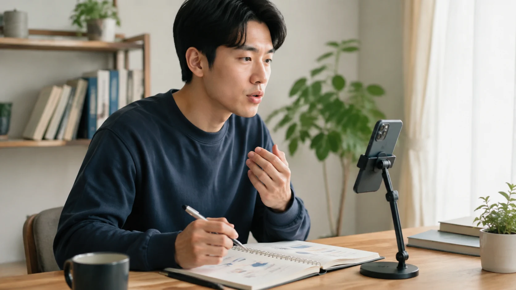 スマートフォンに英語を話しかけながら発音練習をする人
