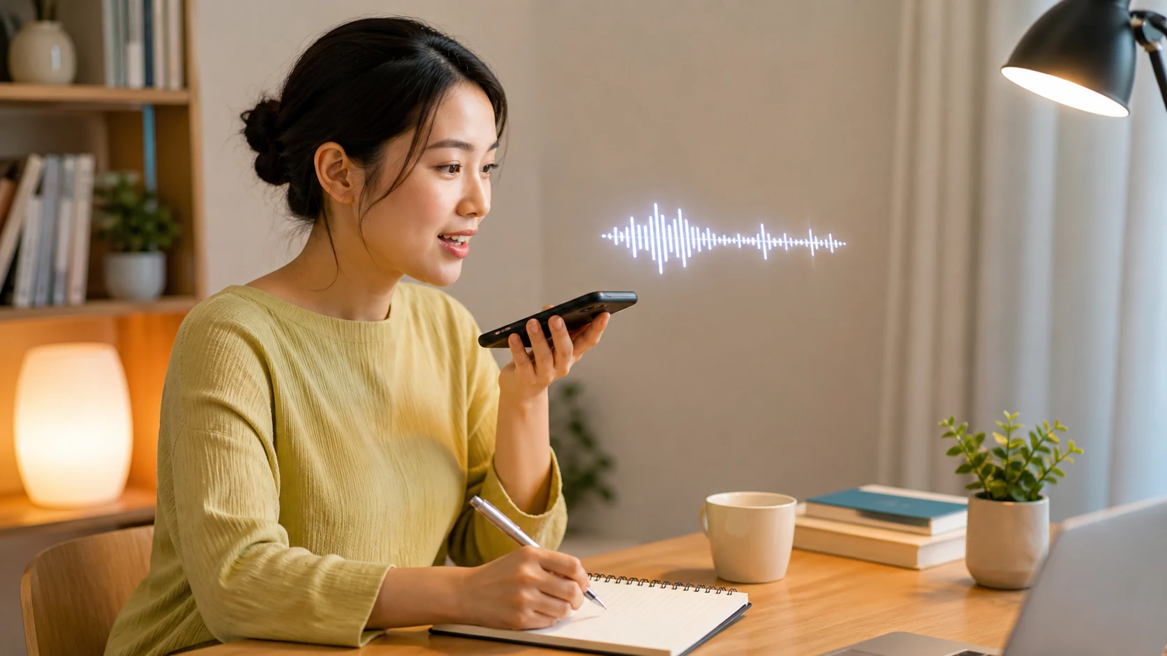 スマートフォンに英語で話しかけながら学習する人